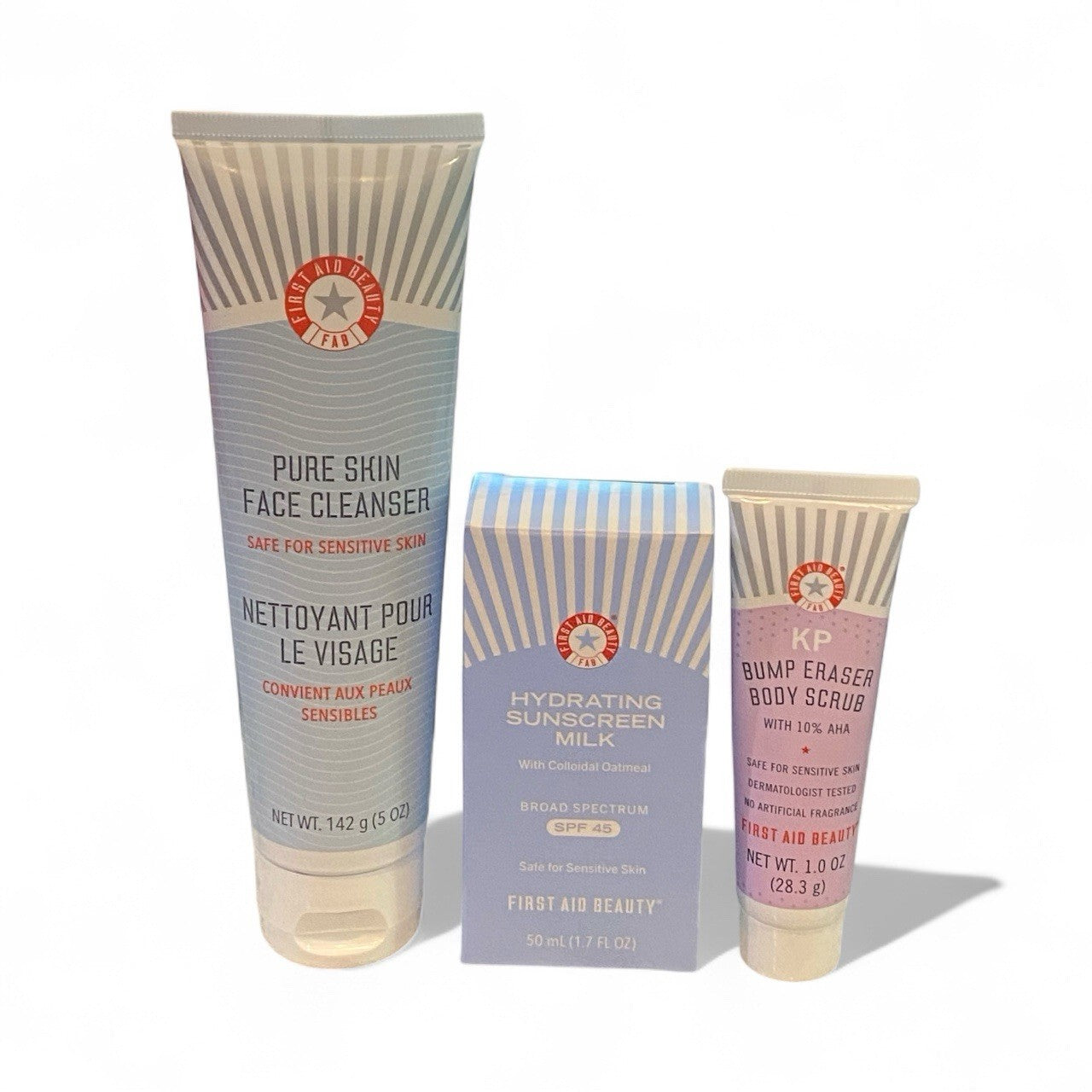 First Aid Beauty Face Cleanser & Hydrating Sunscreen Milk + Travel Body Scrub