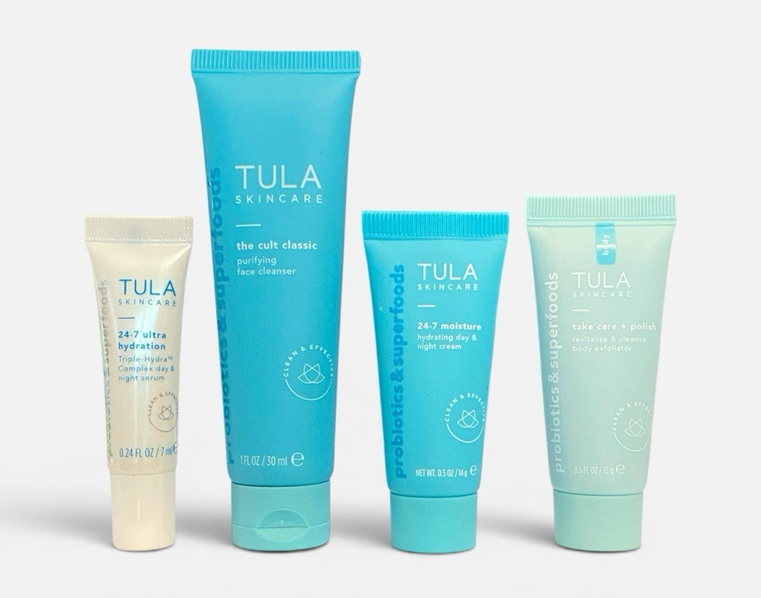 Tula Skincare 4 Piece SAMPLE-SIZE Set Cleanser Moisturizer Exfoliant Serum NWOB