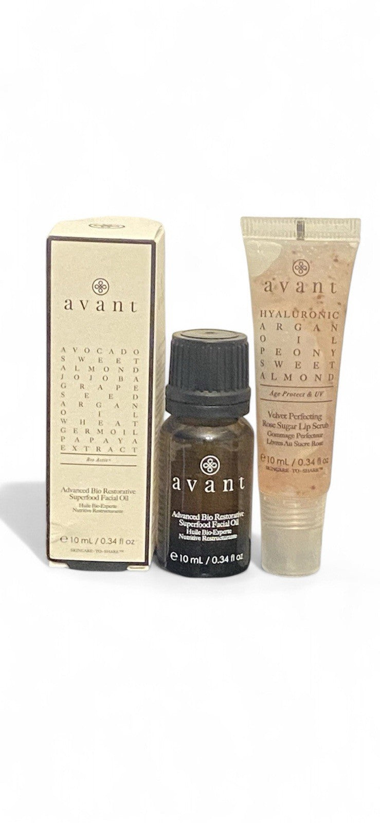 AVANT Hyaluronic Argan Oil ROSE SUGAR LIP SCRUB & Superfood face Oil Sample-Size