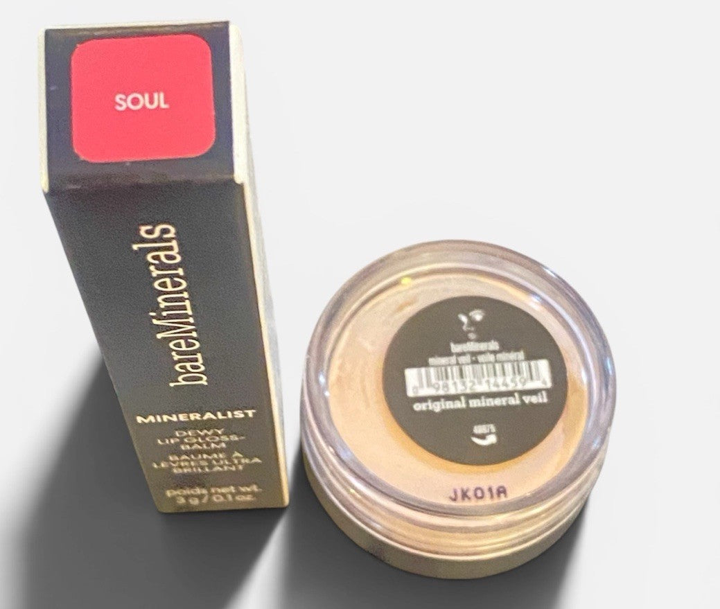 Bare Minerals 2- Piece TRAVEL-SIZE Set Lip Gloss-Balm NWB & Mineral Veil NWOB