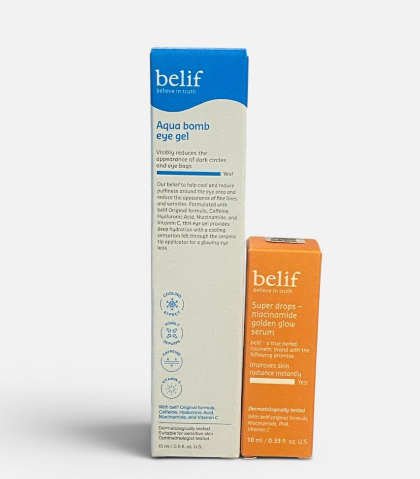 Belief Aqua bomb Eye Gel FULLSIZE + TRAVEL-SIZED Glow Serum NWB