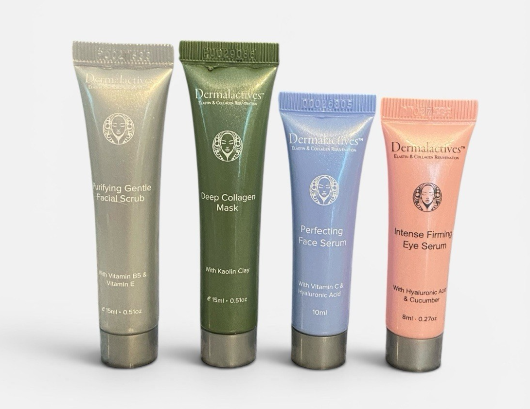 Dermalactives 4-Piece SAMPLE-SIZE Set Face Scrub, Mask. Serum, Eye Serum NWOB