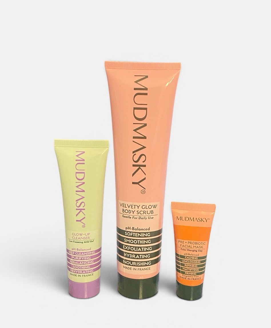 MUDMASKY Velvety Glow Body Scrub FULL SIZE + TRAVEL Cleanser & Mask NWOB SEALED