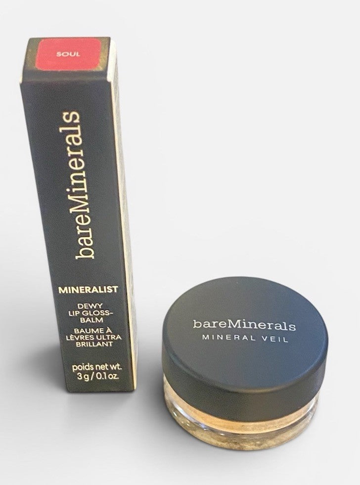 Bare Minerals 2- Piece TRAVEL-SIZE Set Lip Gloss-Balm NWB & Mineral Veil NWOB